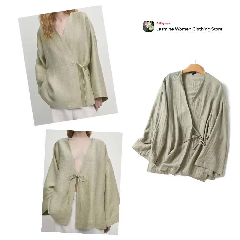 Kimono Cardigan Women - Comoda camicetta verde oliva con lacci